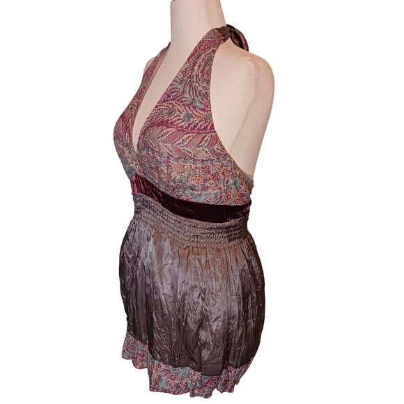 Hale Bob Silk Embellished Halter Crinkle Mini Dress in Gray & Pink Multi, Size M - Picture 2 of 16